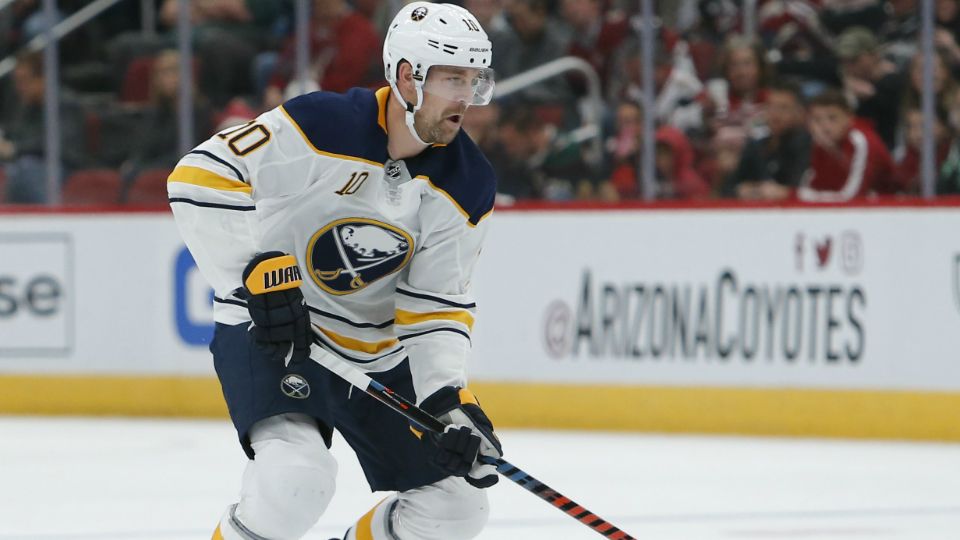 Buffalo Sabres center Patrik Berglund (10) in the first period during an NHL hockey game against the Arizona Coyotes, Saturday, Oct. 13, 2018, in Glendale, Ariz.