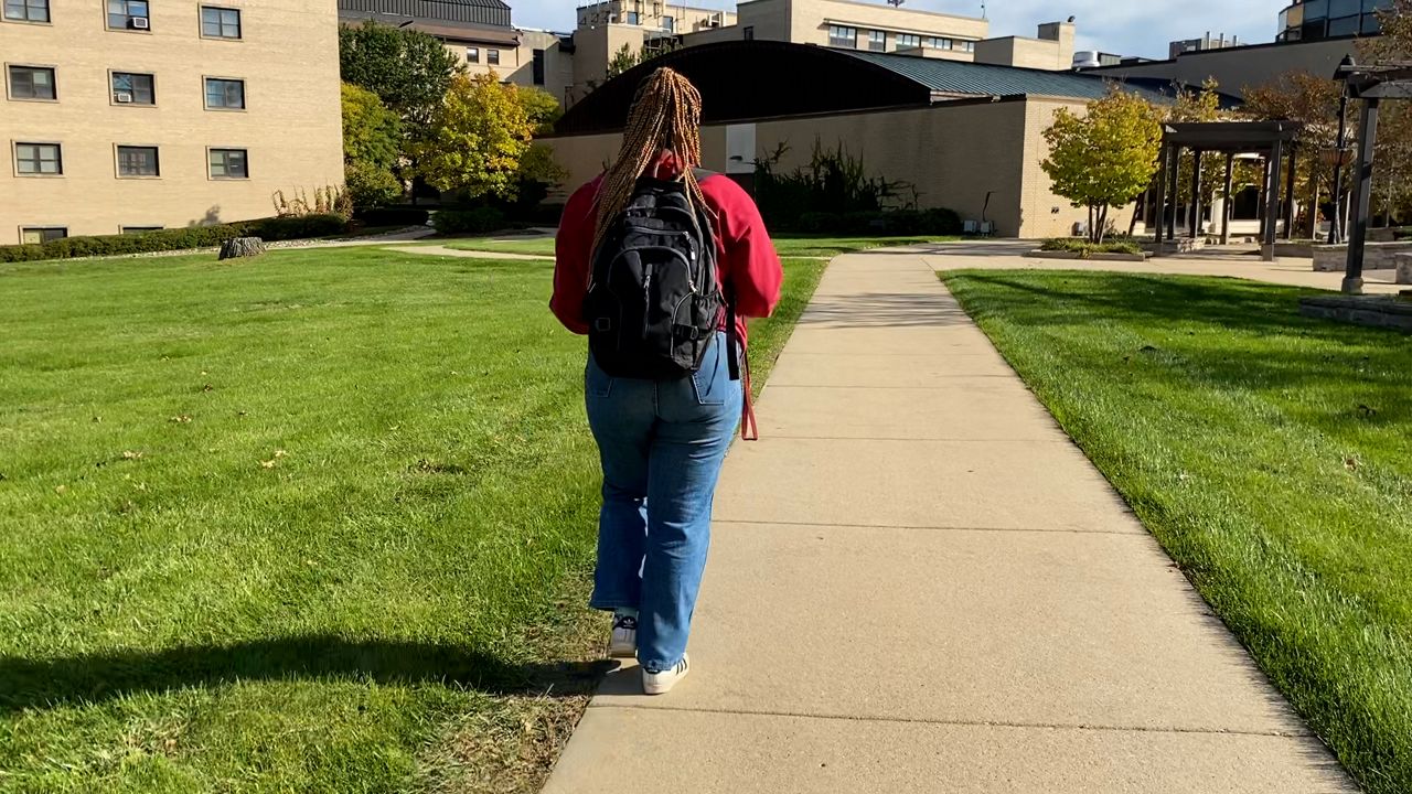 Sophomore Danayt Raied walks her college campus for the first time