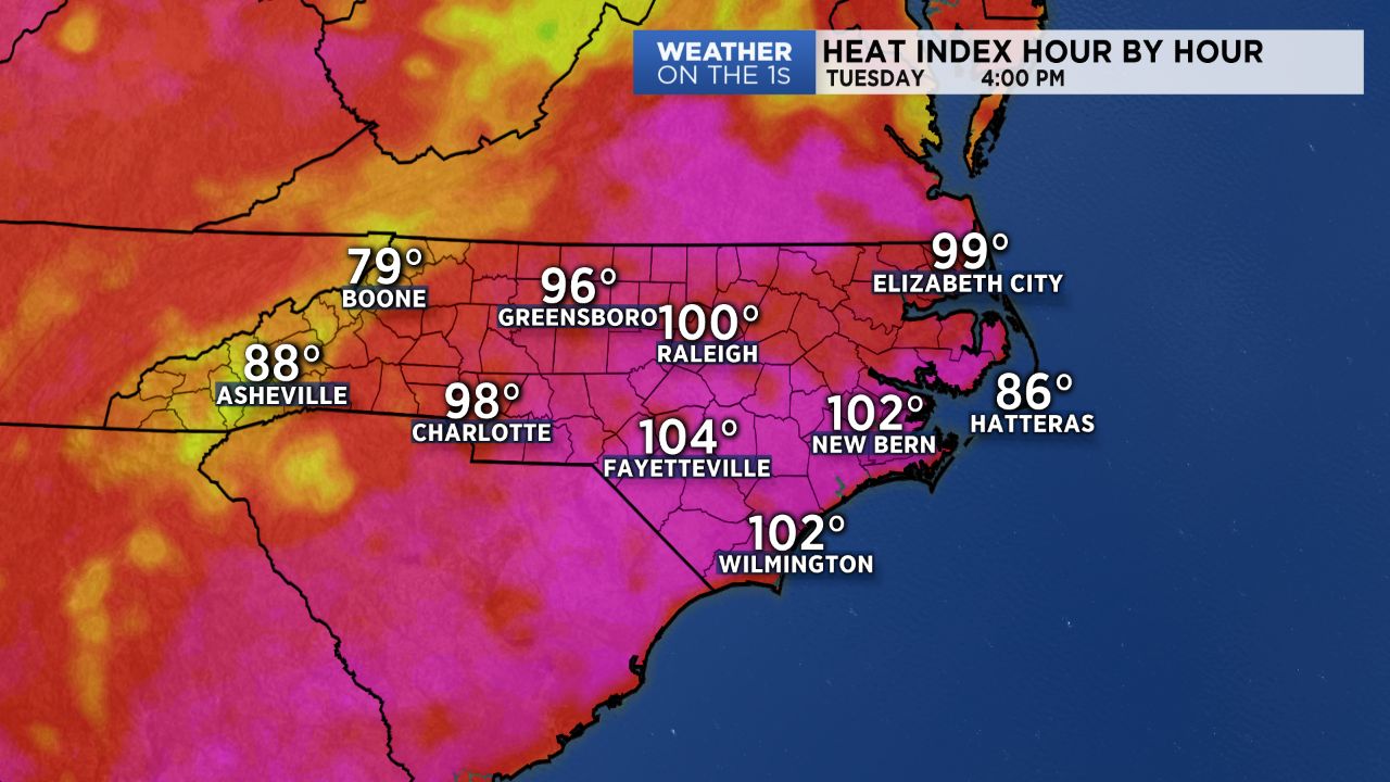 Hot and muggy conditions will push feel like temperatures into the triple digits Tuesday and Wednesday.