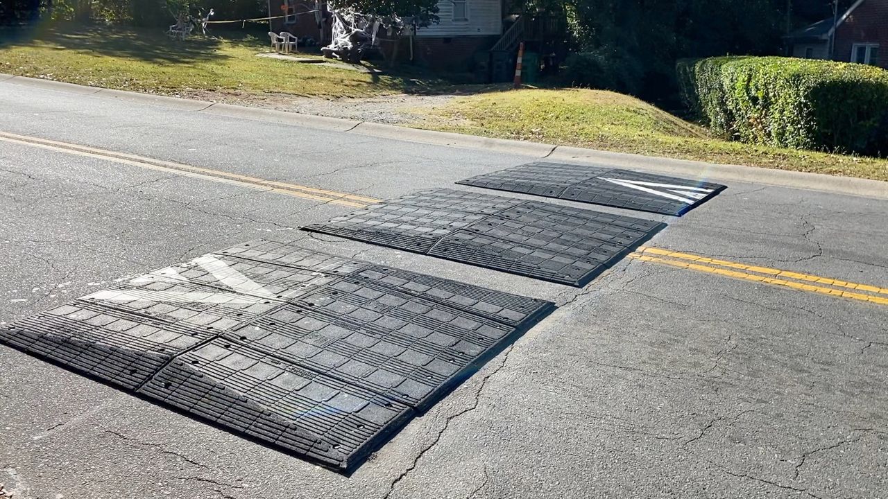 Speed cushion on a neighborhood street in Charlotte (Spectrum News 1/Nick Buffo)
