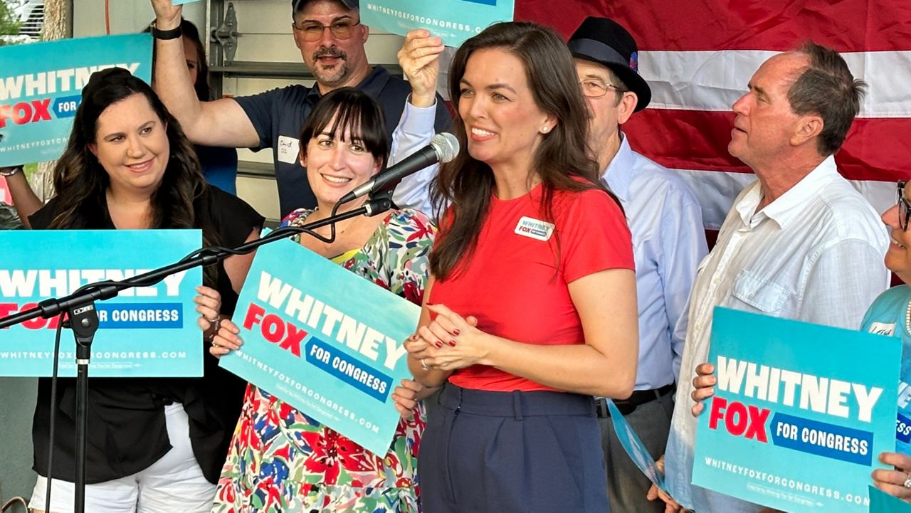 Whitney Fox delivers a speech after winning the District 13 Democratic primary on Tuesday. (Spectrum News/Josh Rojas)