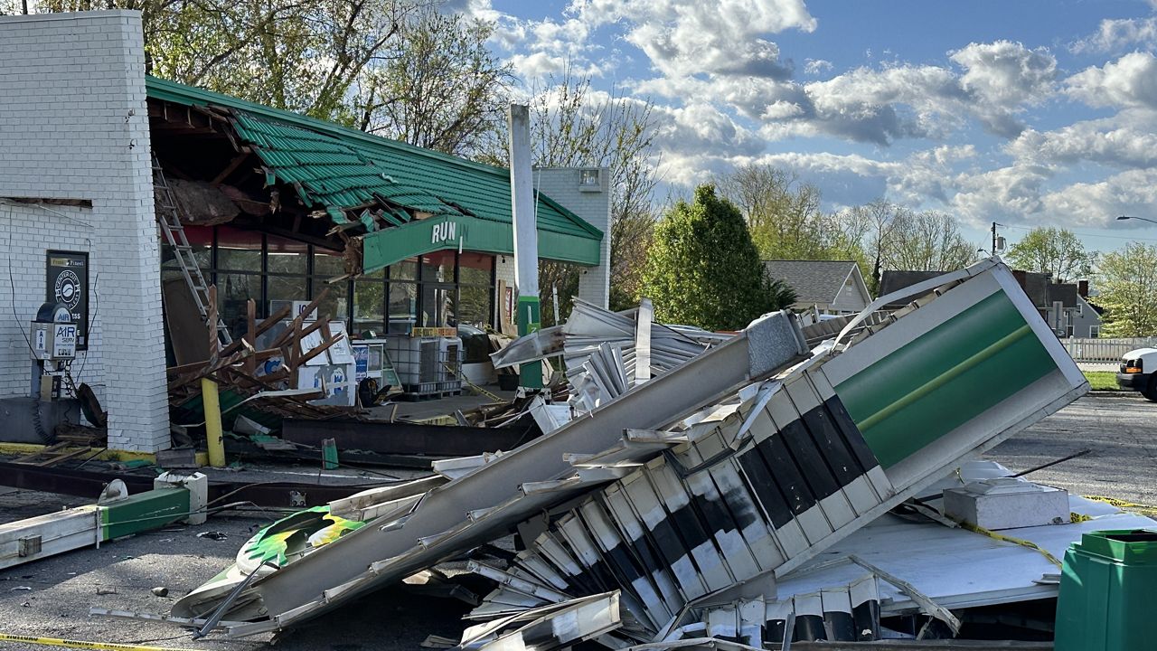 Thursday's storms tore part of a roof from a gas station in North Wilkesboro, North Carolina. (Spectrum News 1/Sydney McCoy)