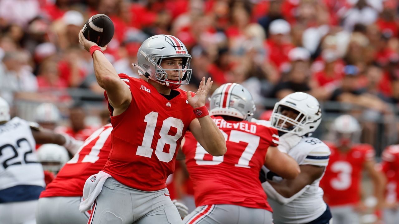 Ohio State quarterback Will Howard (18) looks to throw a pass against Akron during the second half of an NCAA college football game Saturday, Aug. 31, 2024, in Columbus, Ohio. (AP Photo/Jay LaPrete)