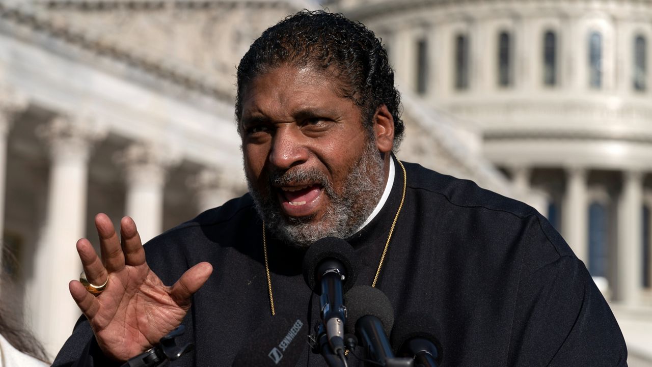 The Rev. William Barber II talks to reporters on Capitol Hill in Washington, Wednesday, Oct. 27, 2021. On Friday, May 6, 2022, North Carolina's highest court announced that it is refusing to hear the appeal of Barber, a civil rights leader who was convicted of trespassing during a 2017 demonstration inside the Legislative Building. (AP Photo/Jose Luis Magana, File)