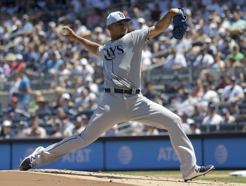 Tampa Bay Rays pitcher Wilmer Font delivers the ball to the New York Yankees during the first inning of a baseball game Sunday, June 17, 2018, at Yankee Stadium in New York. (AP Photo/Bill Kostroun)