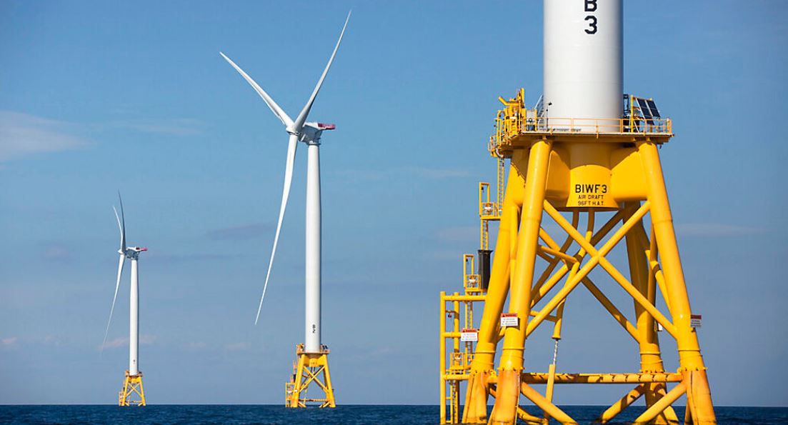 An example of a offshore windfarm is in the water off Block Island, R.I. (AP Photo/Michael Dwyer, File)