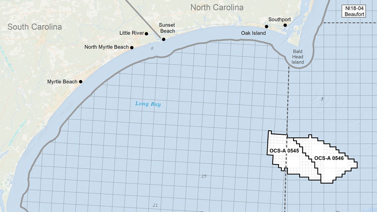 The sites up for auction May 11 are 50 miles east of Myrtle Beach, South Carolina, and about 30 miles south of Bald Head Island in North Carolina. (Image: Bureau of Ocean Energy Management)