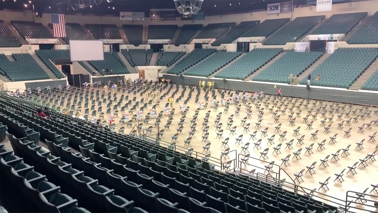 The Wolstein Center at Cleveland State University was the first mass vaccination site to open in Ohio. (Spectrum News / Enrique Correa)