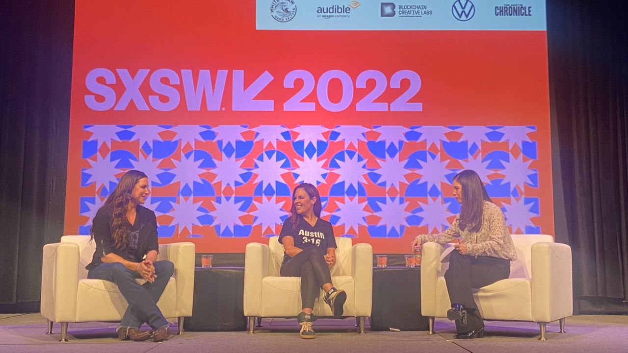 Taking the stage at South by Southwest Monday were WWE Chief Brand Officer Stephanie McMahon and Barstool Sports CEO Erika Nardini. Sara Fischer moderated the conversation. (Spectrum News 1/ Sunny Tsai)