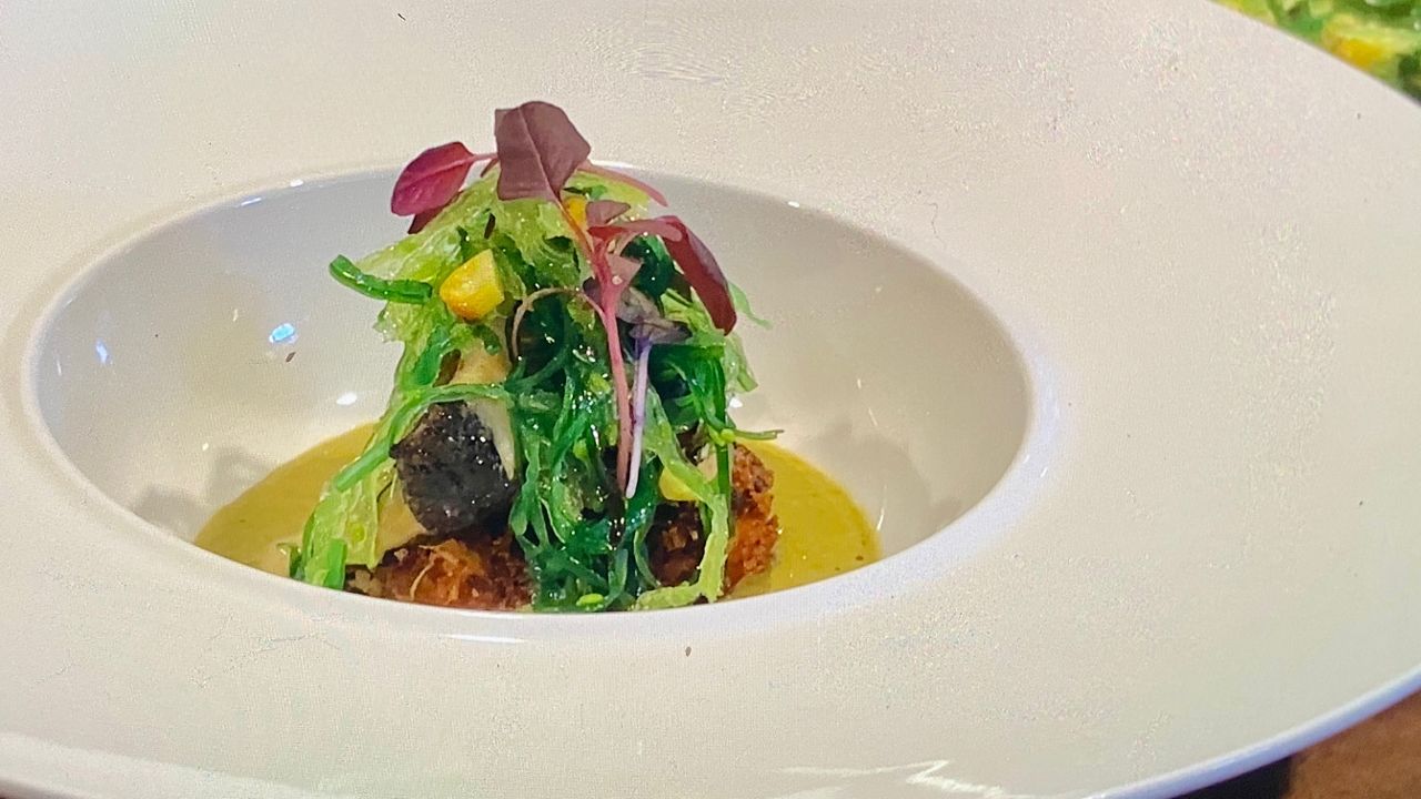 Tower of taste: It’s seared fish and crabcakes with a plantain puree, complemented with the distillery’s agave spirit, aged six years in former whiskey barrels. The dish is also the winner of the 2025 Tampa Bay Wine and Food Festival’s Seafood Prize. (Spectrum News/Bobby Collins)