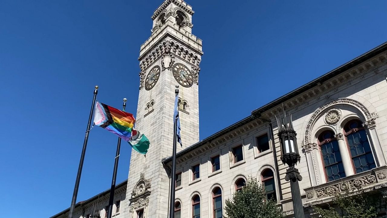 Pride Flag raising outside Worcester City Hall
