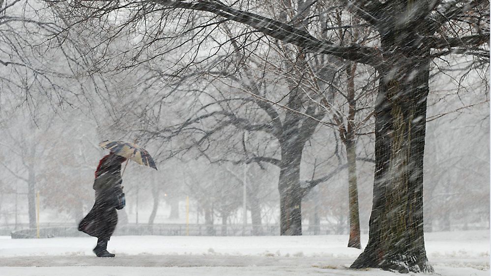 Cold wind blows as a woman walks past in a snowstorm. (Getty Images)
