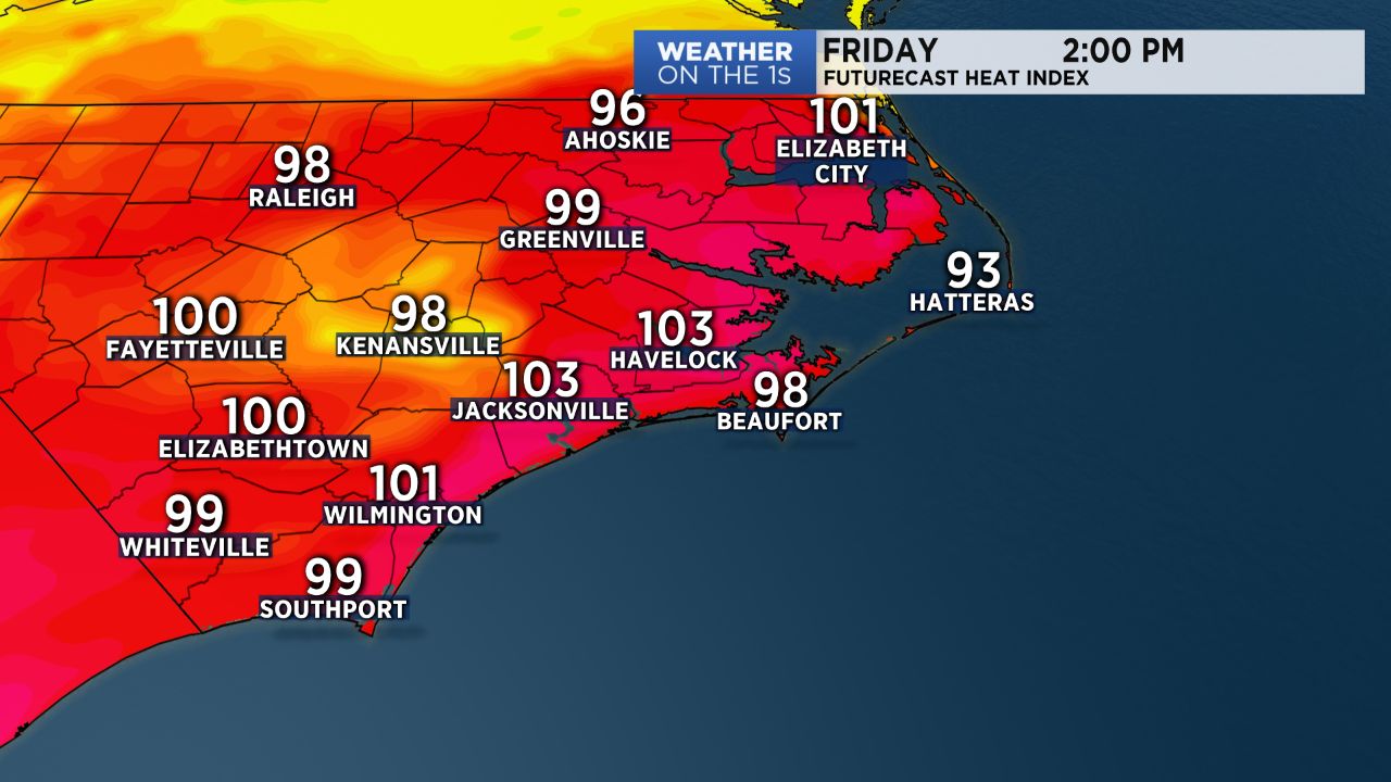 High heat index values expected through the weekend for eastern North Carolina.