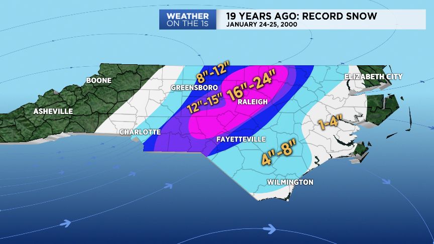 Snowfall map from January 24-25, 2000.