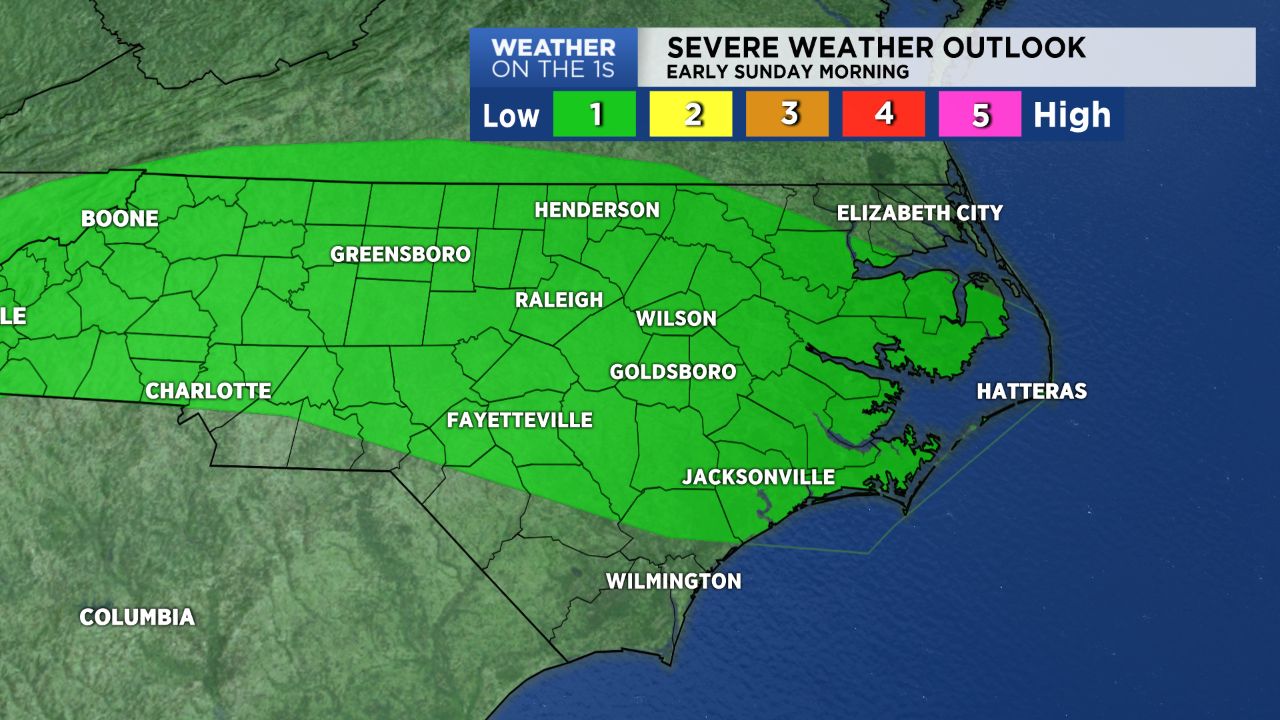 A level 1 out of a 5 level scale has been issued for part of North Carolina late Saturday night.