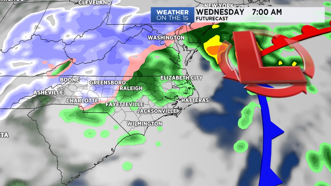 Low pressure moving off the coast will likely produce rain and snow in North Carolina Wednesday.