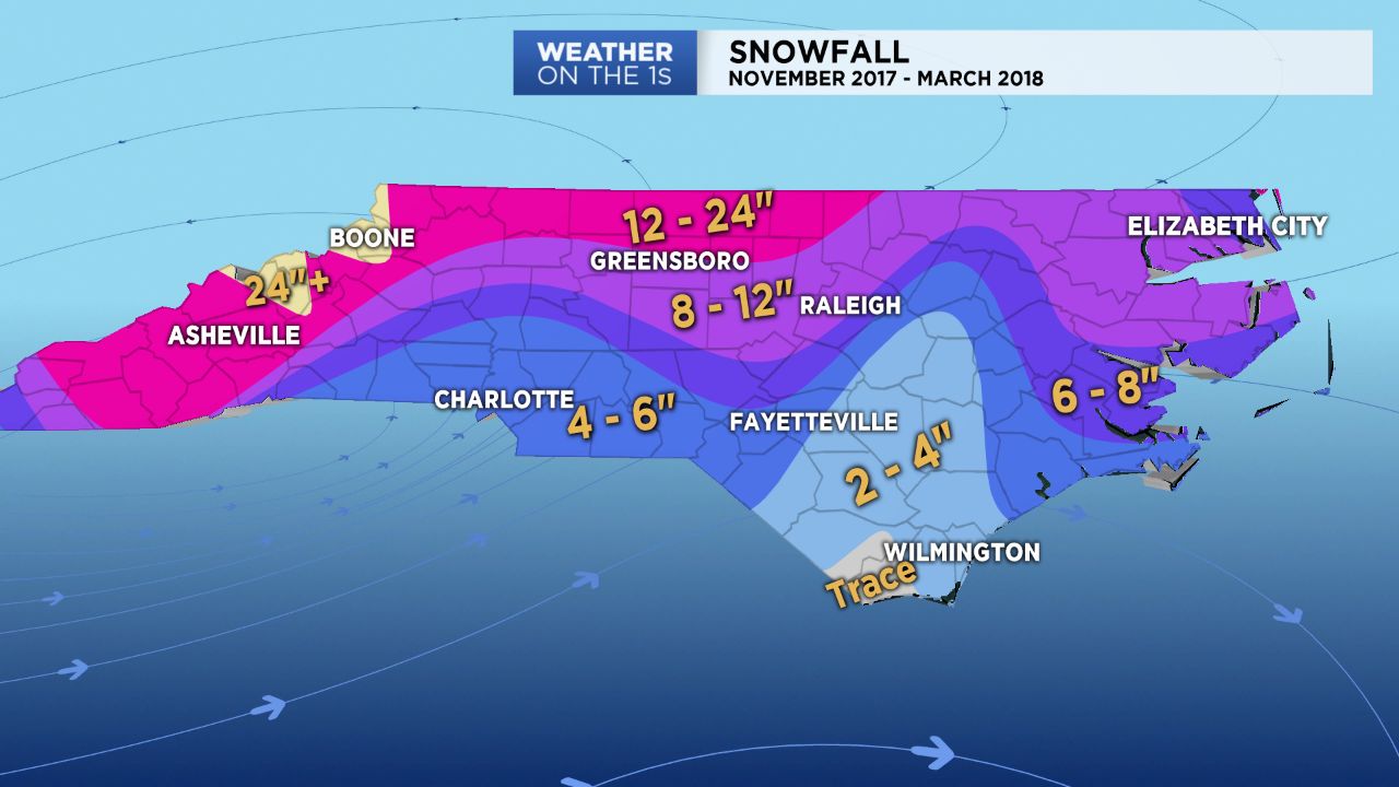 North Carolina snowfall map from November 2017 through March 2018.