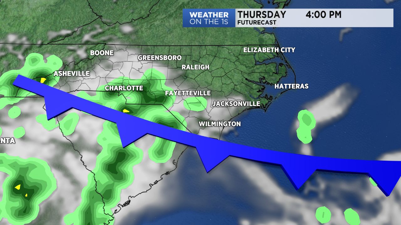 A front near the South Carolina border Thursday will keep scattered showers and storms across portions of southeastern North Carolina.  
