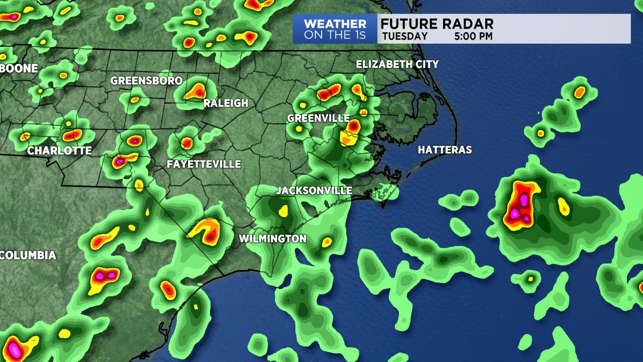 Computer model forecast showing thunderstorms scattered across eastern NC by late Tuesday afternoon.