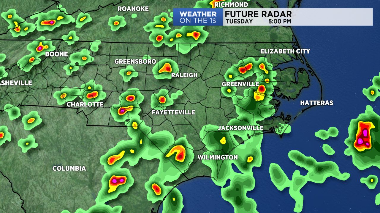 High resolution computer model forecast shows scattered storms across North Carolina by late Tuesday afternoon.