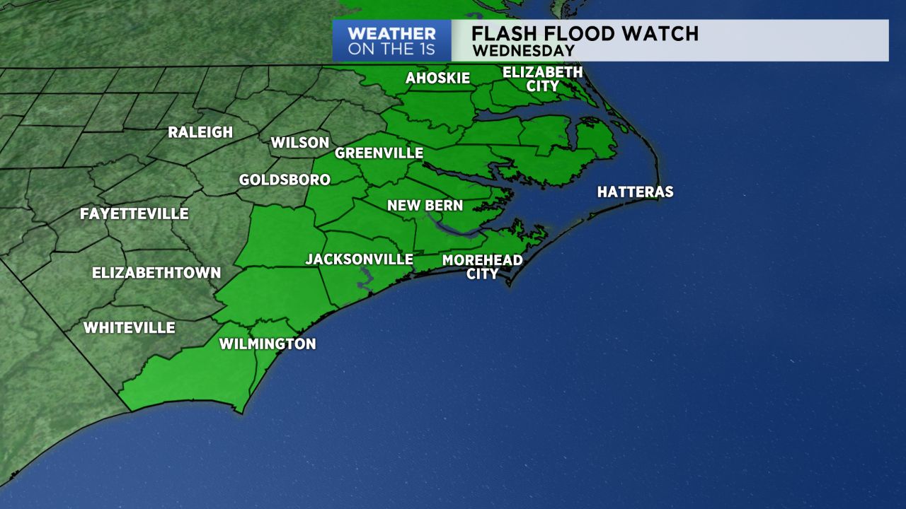 A Flash Flood Watch continues for coastal NC Wednesday.