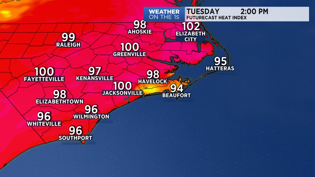 Heat index near 100 by 2pm Tuesday in much of eastern North Carolina.