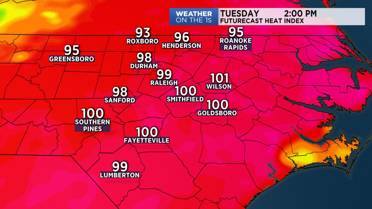Heat index in the upper 90s to near 100 across central North Carolina by 2pm Tuesday.
