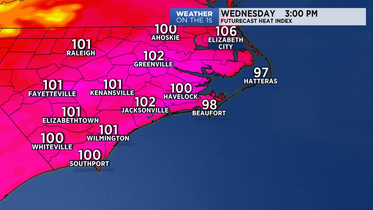 Heat index near 105 in parts of eastern NC by 3pm Wednesday.