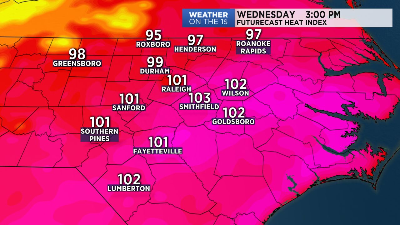 Heat index near to just over 100 across much of central NC Wednesday afternoon.
