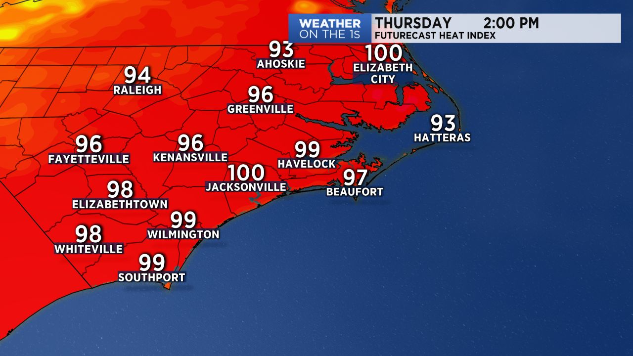 Heat index in the upper 90s to near 100 across eastern NC by 2pm Thursday.