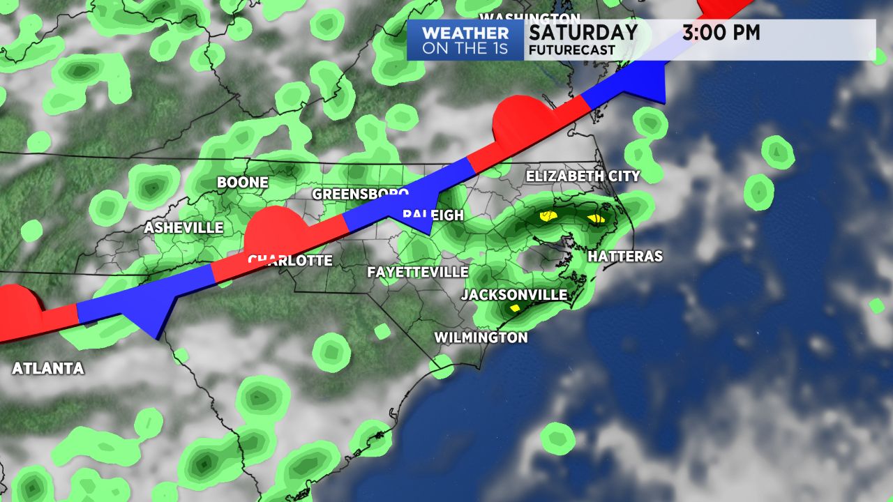 A stalled front across NC will bring higher chances for afternoon storms over the weekend.