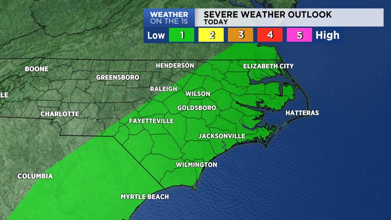 The Storm Prediction Center has outlined eastern North Carolina for a marginal risk for severe storms Monday.