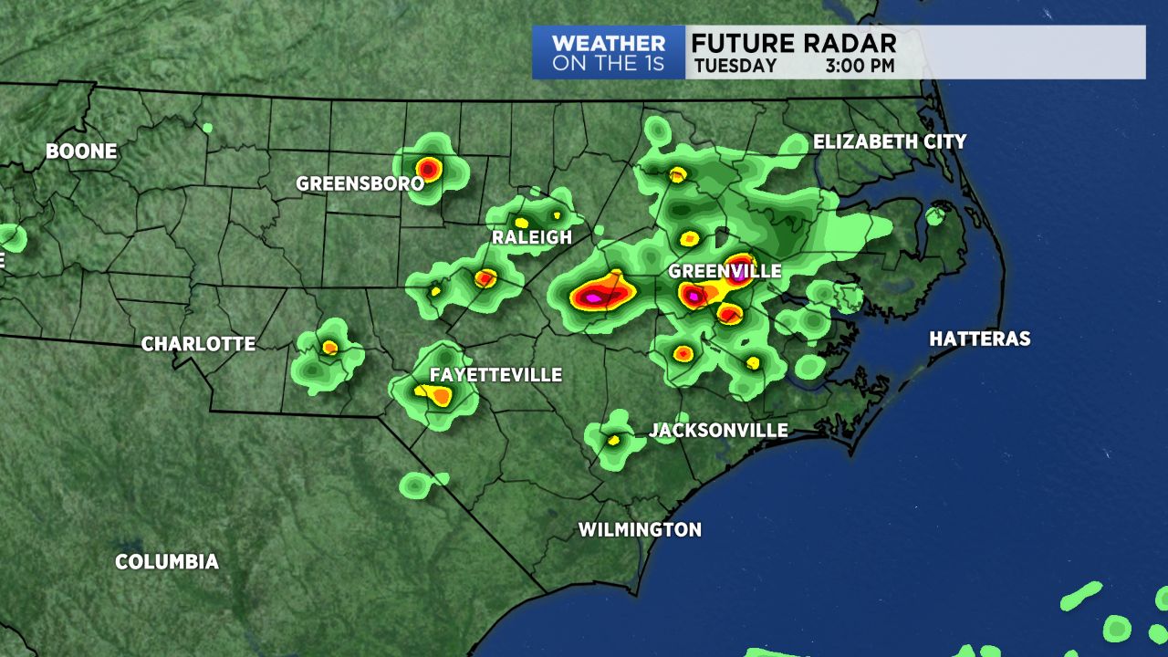Computer model forecast shows a few scattered storms around central NC by 3pm Tuesday.