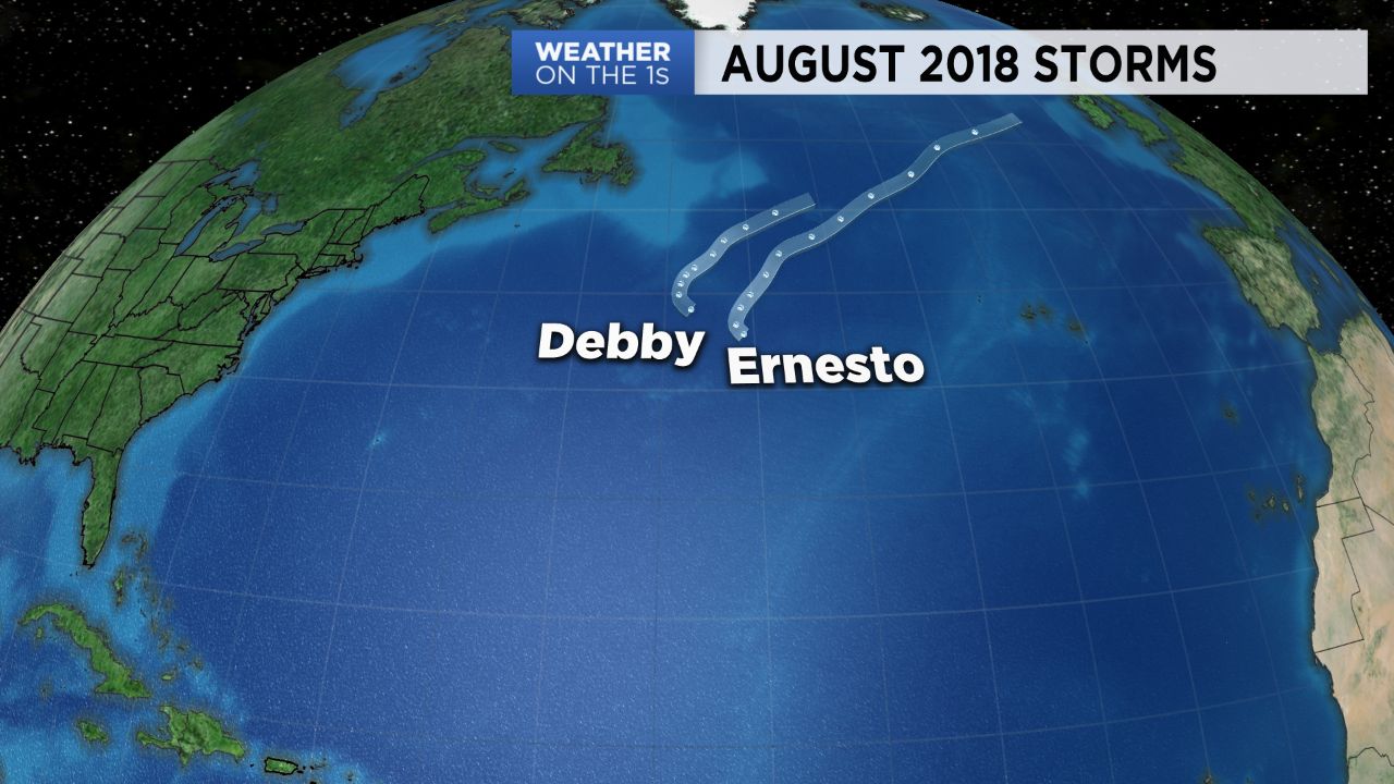 Tropical Storms Debby and Ernesto paths in August 2018 were far out in the Atlantic.