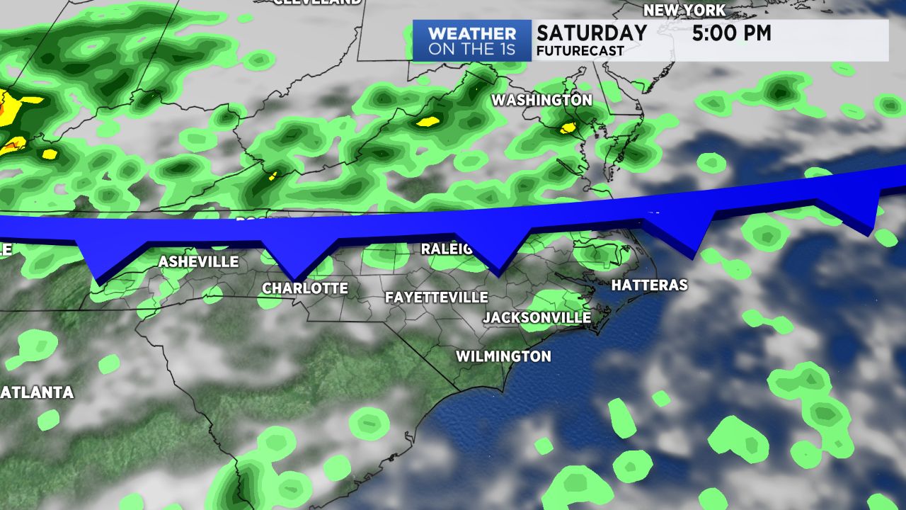Futurecast shows a cold front moving into NC from the north late Saturday.
