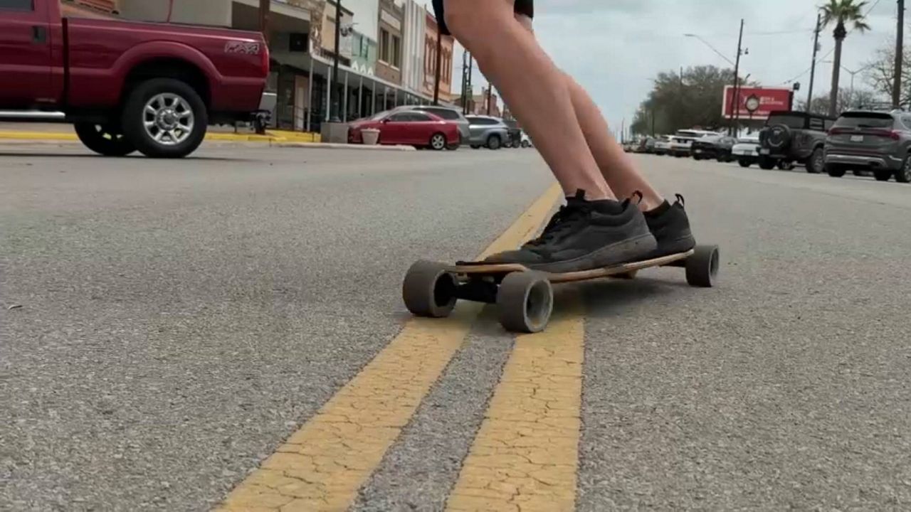 Moondog Roop is skateboarding in Luling, Texas, as he attempts to traverse across the entire state on a proposed trail called 