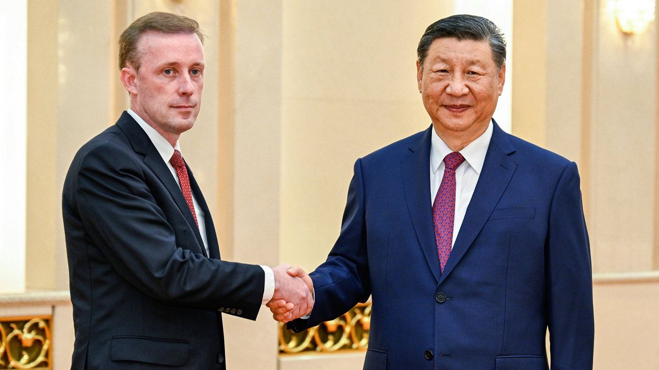 In this photo released by Xinhua News Agency, Chinese President Xi Jinping, right, meets with White House national security adviser Jake Sullivan at the Great Hall of the People in Beijing, capital of China, Thursday, Aug. 29, 2024. (Li Xueren/Xinhua via AP)