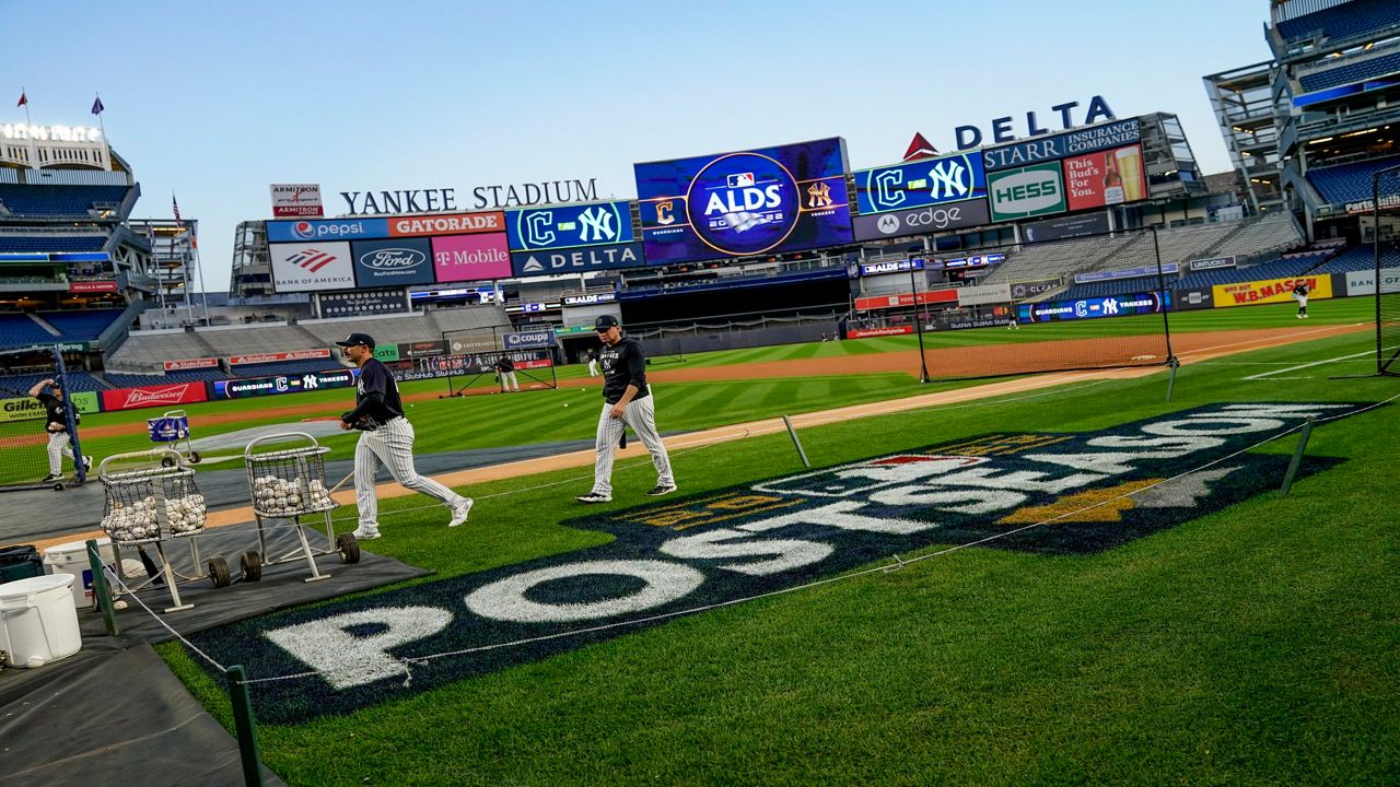 The New York Yankees work out ahead of Game 1 of baseball's American League Division Series against the Cleveland Guardians, Monday, Oct. 10, 2022, in New York. (AP Photo/John Minchillo)