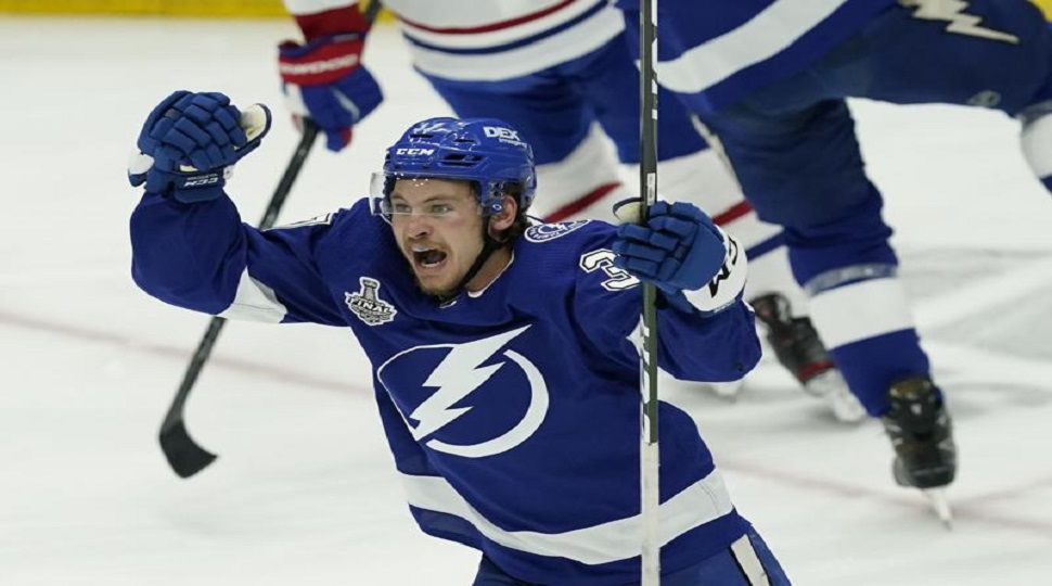 Tampa Bay Lightning center Yanni Gourde reacts after his goal during the second period in Game 1 of the NHL hockey Stanley Cup finals against the Montreal Canadiens, Monday, June 28, 2021, in Tampa, Fla. (AP Photo/Gerry Broome)