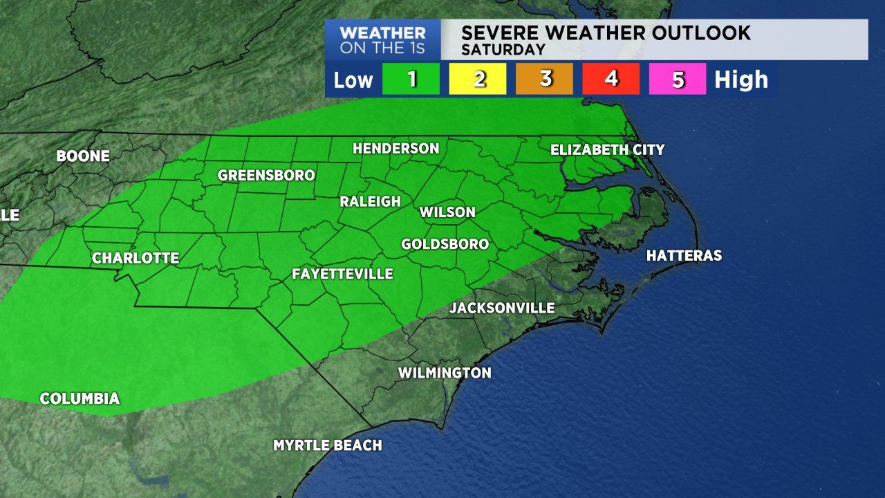 A marginal (low) chance for severe storms is in place for much of North Carolina Saturday afternoon and evening.