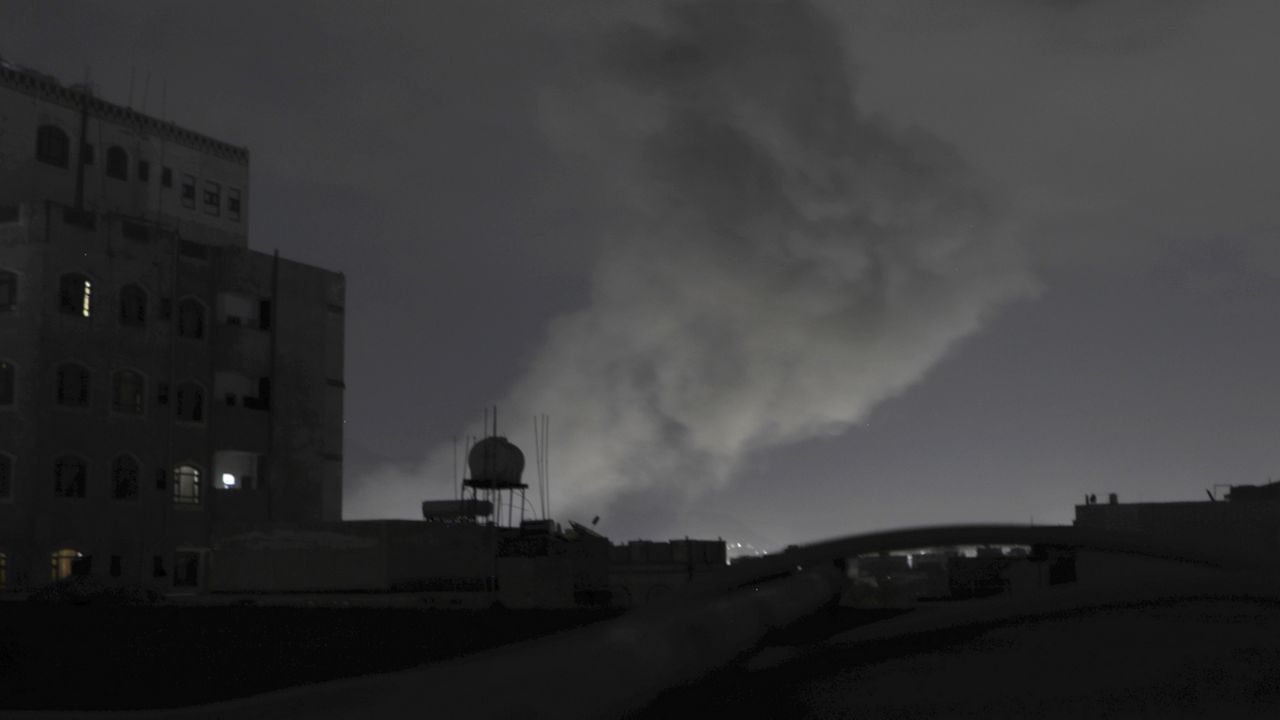 Smoke rises from a location reportedly struck by U.S. airstrikes in Sanaa, Yemen, Saturday, March 15, 2025.