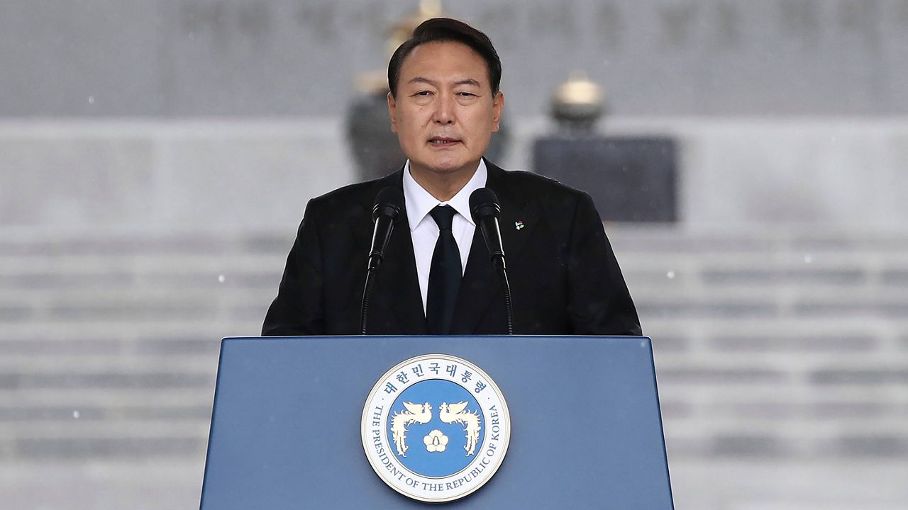 South Korean President Yoon Suk Yeol speaks Monday during a ceremony marking the country’s Memorial Day at the Seoul National Cemetery in Seoul. (Chung Sung-Jun/Pool Photo via AP)