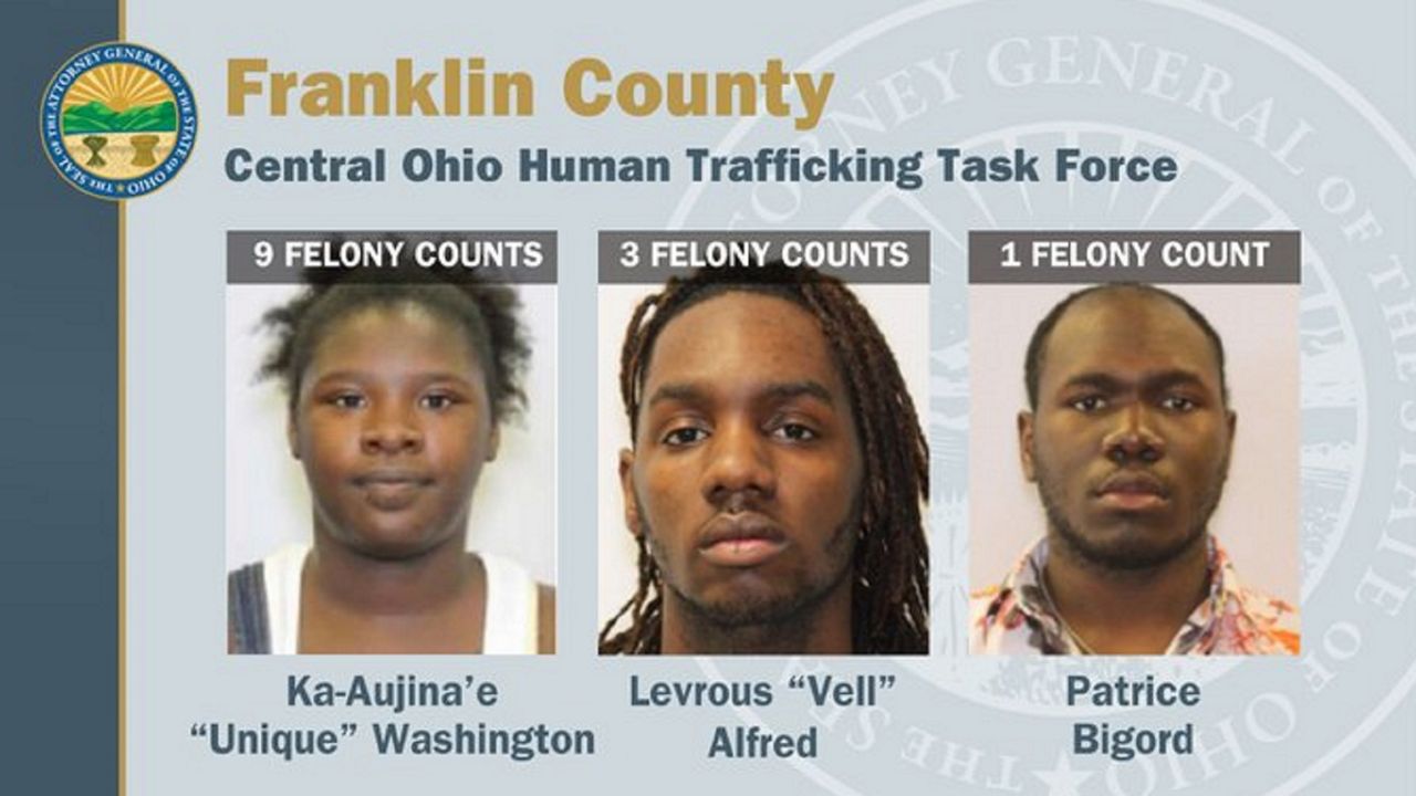 Ka-Auija’e “Unique” Washington, Levrous “Vell” Alfred and Patrice Bigord were indicted on May 24 by a Franklin County grand jury on human trafficking related charges. (Attorney General's Office)