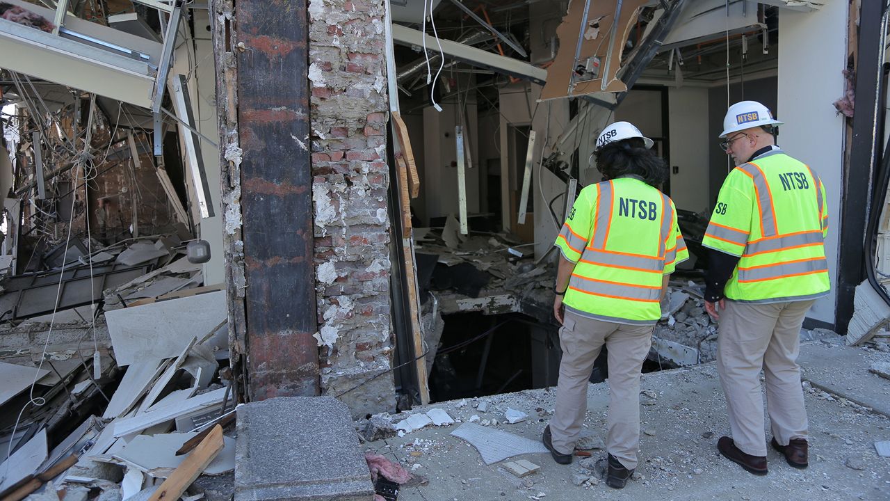 The National Transportation Safety Board investigates the aftermath of the building explosion in downtown Youngstown. (Photo courtesy of the National Transportation Safety Board)