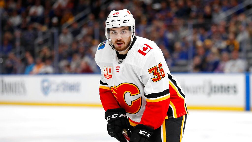 Calgary Flames' Zac Rinaldo in action during the second period of an NHL hockey game against the St. Louis Blues Thursday, Nov. 21, 2019, in St. Louis. (AP Photo/Jeff Roberson)