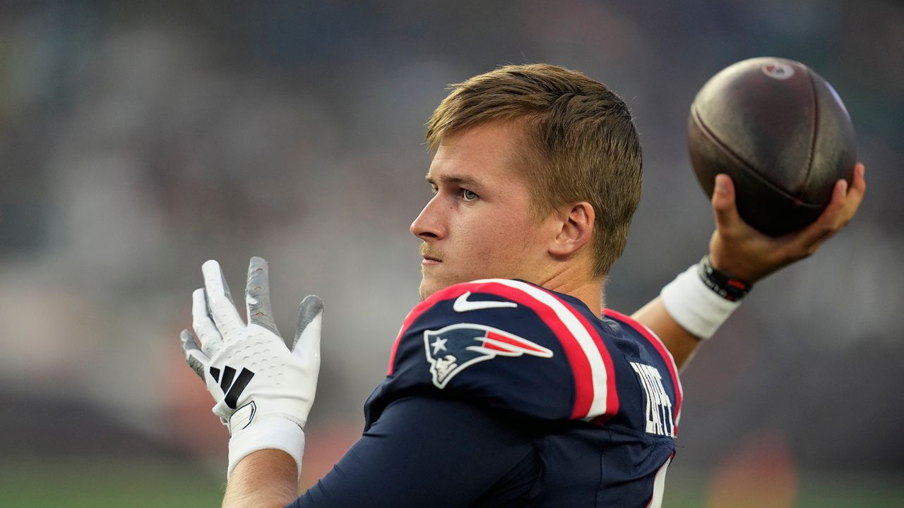 New England Patriots quarterback Bailey Zappe throws during warmup in the first half of an NFL preseason football game against the Philadelphia Eagles, Aug. 15, 2024, in Foxborough, Mass. (AP Photo/Charles Krupa, file)