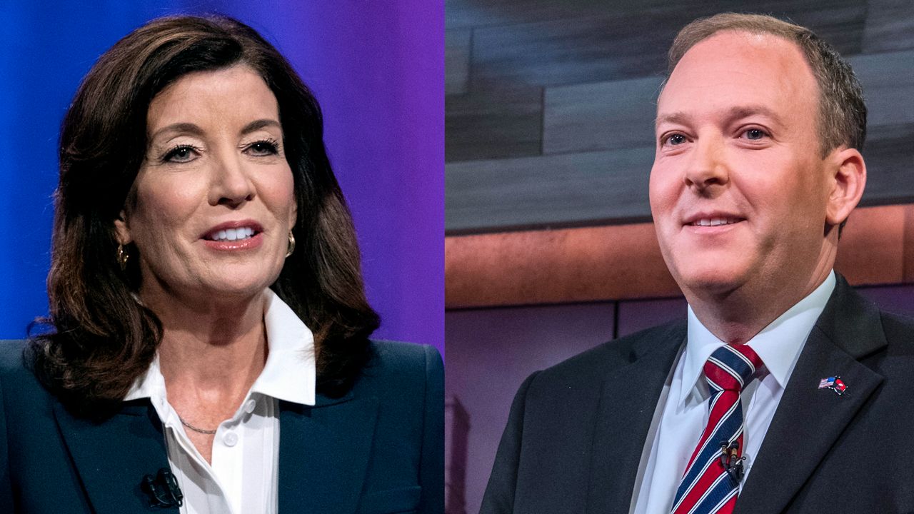 A side-by-side of Kathy Hochul and Lee Zeldin.