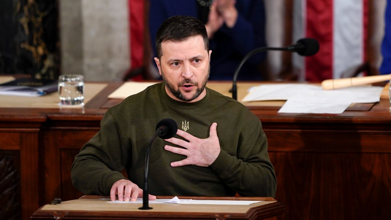 Ukrainian President Volodymyr Zelenskyy addresses a joint meeting of Congress on Capitol Hill in Washington on Wednesday. (AP Photo/Carolyn Kaster)