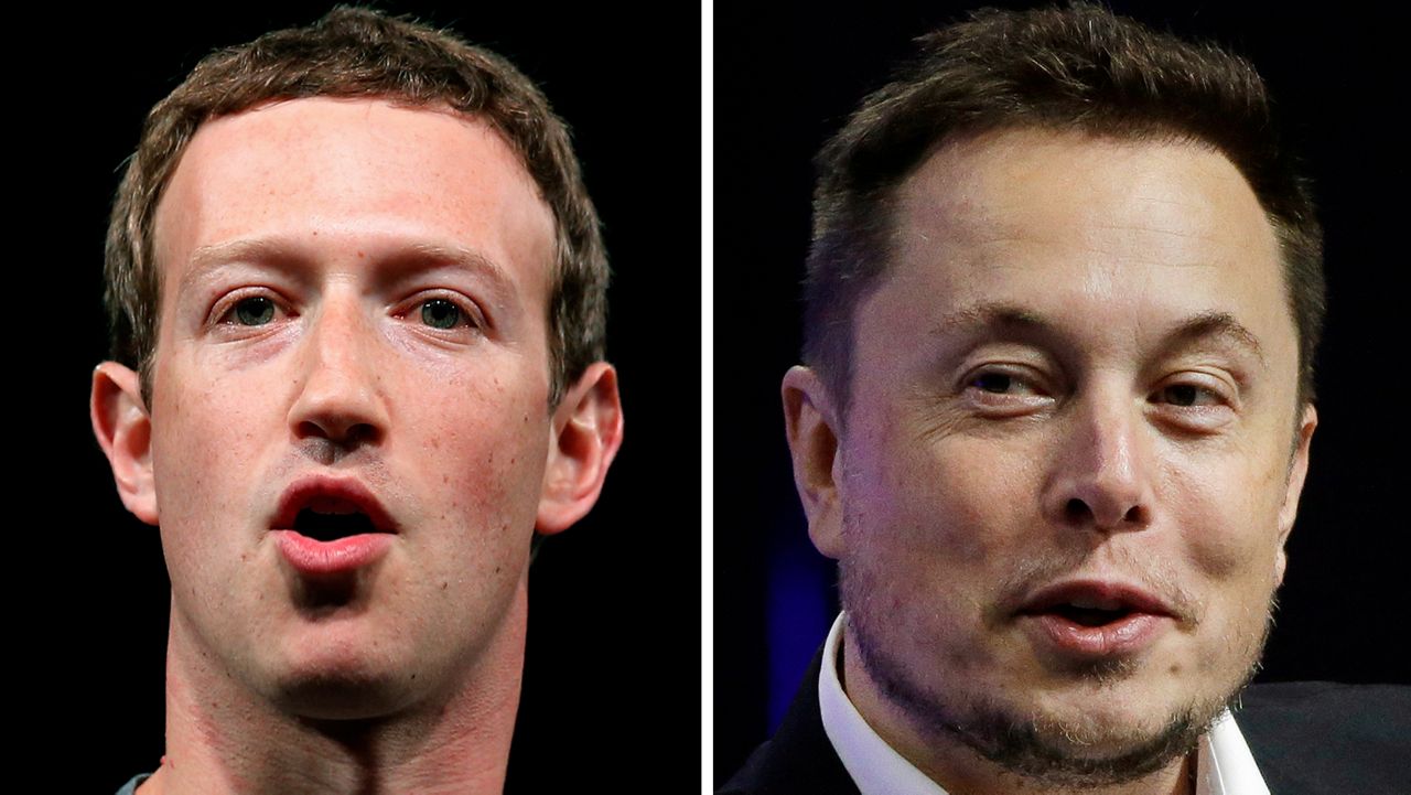 This combo of file images shows Meta CEO and Facebook founder Mark Zuckerberg, left, and Twitter CEO Elon Musk. This month, both executives announced thousands of layoffs across the country, including nearly 1,300 combined here in New York City. (AP Photo/Manu Fernandez, Stephan Savoia)