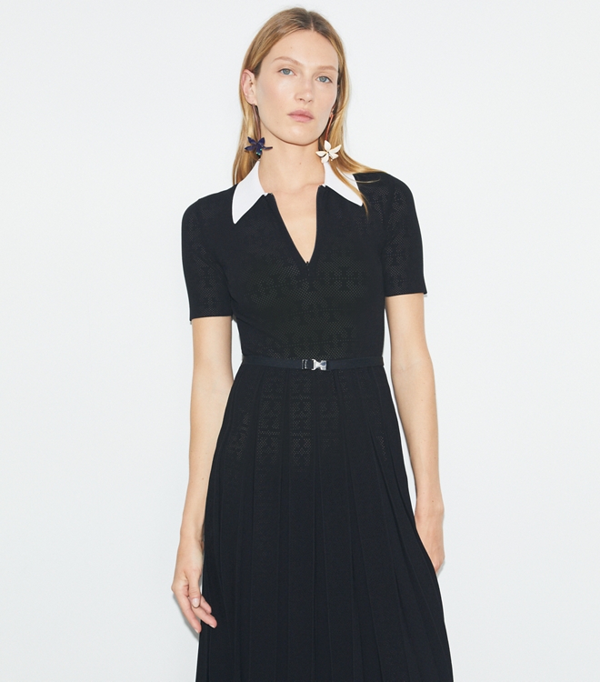 T Monogram Pointelle Pleated Dress